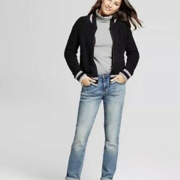 A New Day Womens Fuzzy Black Bomber Jacket - Picture 2 of 15